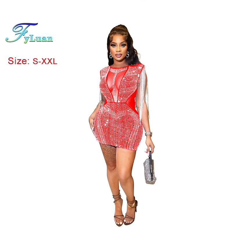 Sexy Sheer Mesh Women's Short Skirt Casual Slim Tassels Decor Tight Fitting Ceremony Girl Dress Crystal Wedding Party Skirt Set