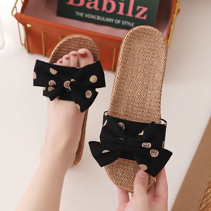 Mntrerm große Schleife Hausschuhe Indoor rutsch feste Hausschuhe weichen Boden Viskose Leinen Sandalen und Hausschuhe – Detail 17