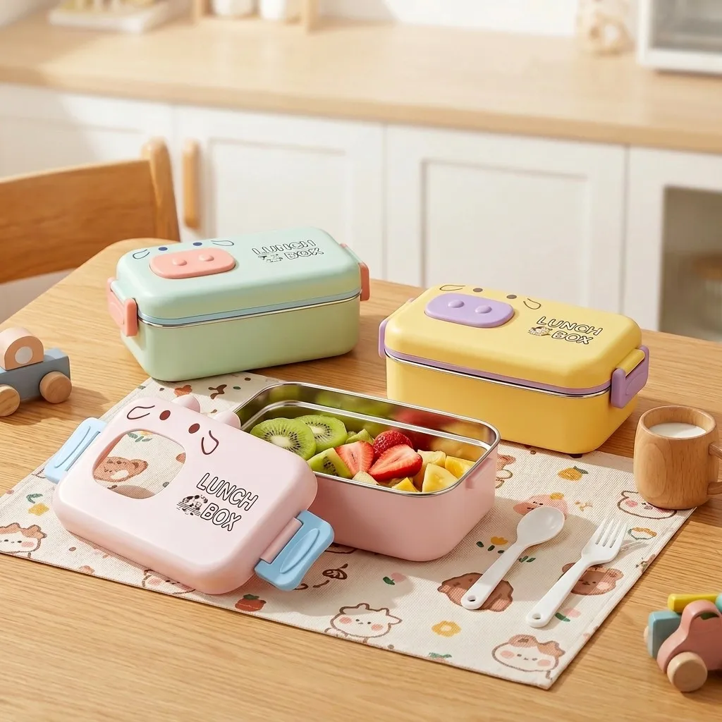 Lonchera Infantil de Acero Inoxidable 304, Hermética, con Compartimentos, Diseño de Dibujos Animados, Apta para Microondas, con Cubiertos y Contenedor para Refrigerios