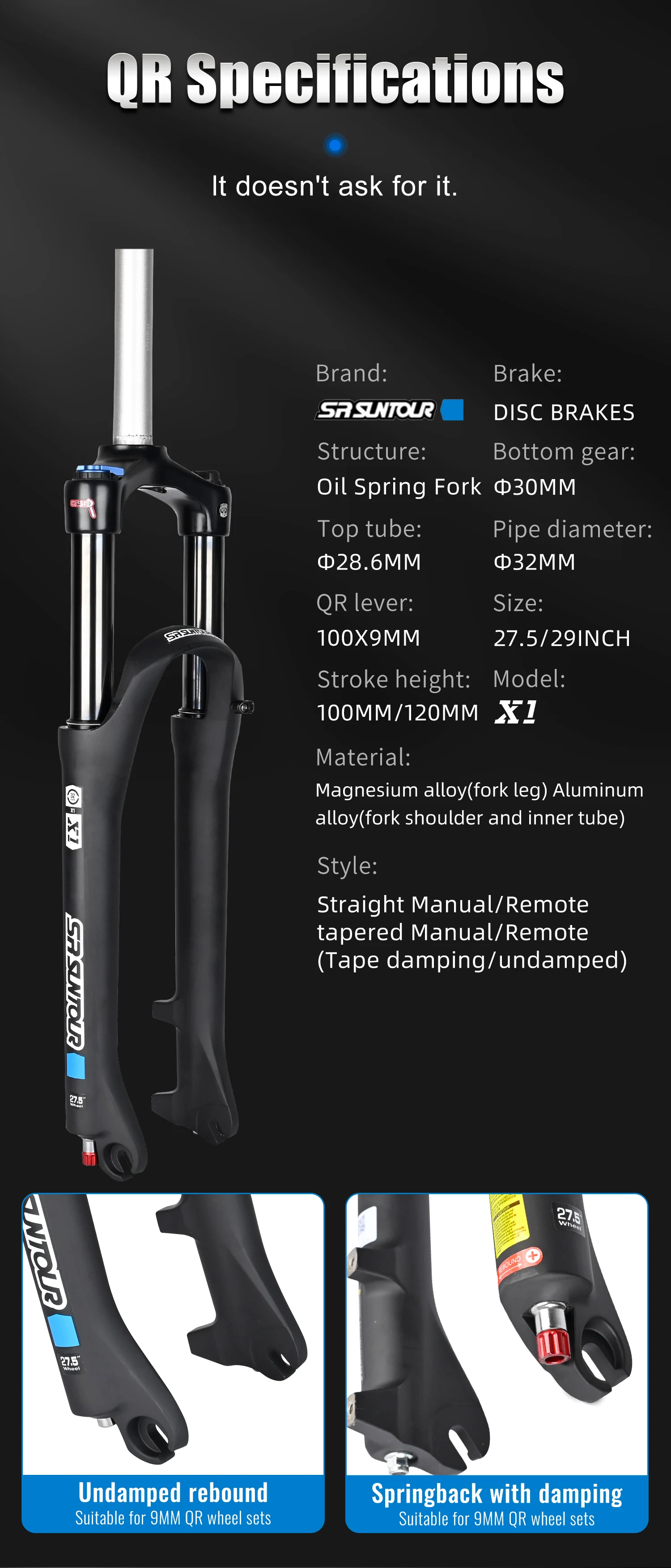 SR SUNTOUR X1 Bicycle Forks Air Suspension Fork 120mm Travel QR 100x9MM BOOST 110x15MM 27.5 29 Mountain Bike Air Fork