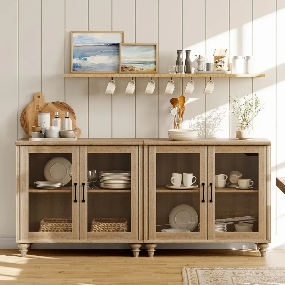 Elegant Oak Sideboard Buffet Cabinets with 4 Glass Doors - 68 Inch Kitchen Storage & Adjustable Shelf Coffee Bar