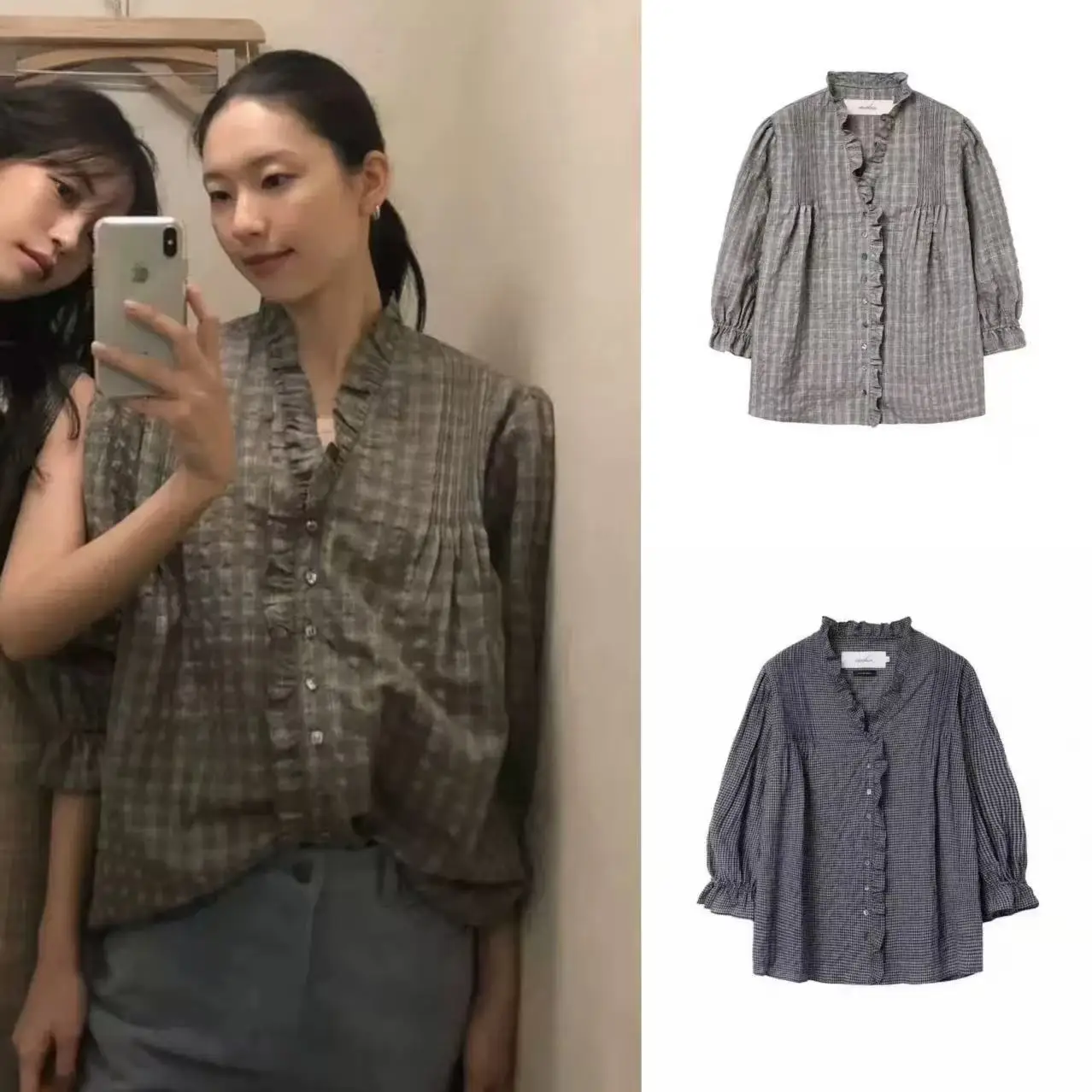 

Vintage Plaid irt with Lace Collar Folded Sve Girls Loose Fit Regular Length Girls Premium Faion Cheered Top