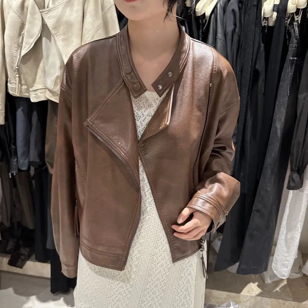 Retro Stand Up Collar Zipper Leather Motorcycle Suit For Women 2025 Spring And Autumn Loose Jacket Fashion Jacket