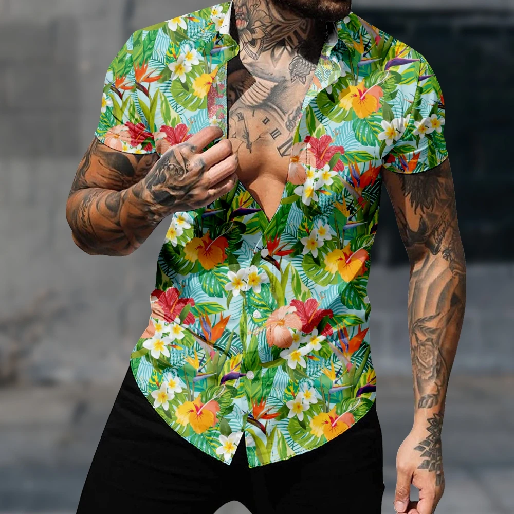 

Men's Digital Print Beach Hawaiian Shirt Summer Short Sleeve Button-up Pocket Shirts Women Blouse 3D Clothes