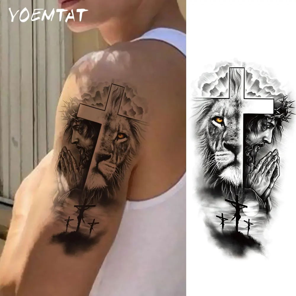 Waterproof Temporary Tattoo Sticker Black Lion Jesus Prayer Cross Thorns Animal Body Art Arm Leg Fake Tattoos Sleeve Women Men view 4