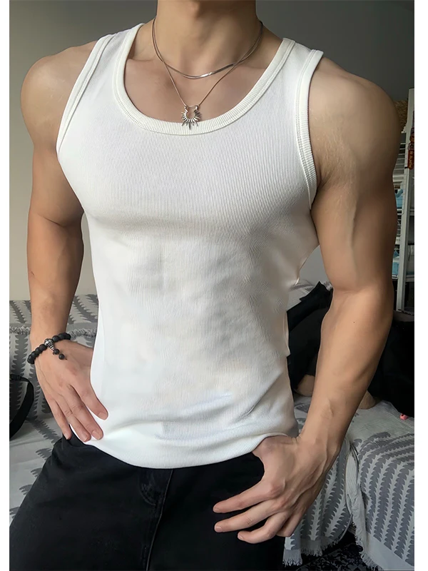 White Fitness Sport Vest Men's Summer American Sleeveless Shoulder Pad Heavy T-Shirt Muscle Show Old Man Shirt Loose Fit