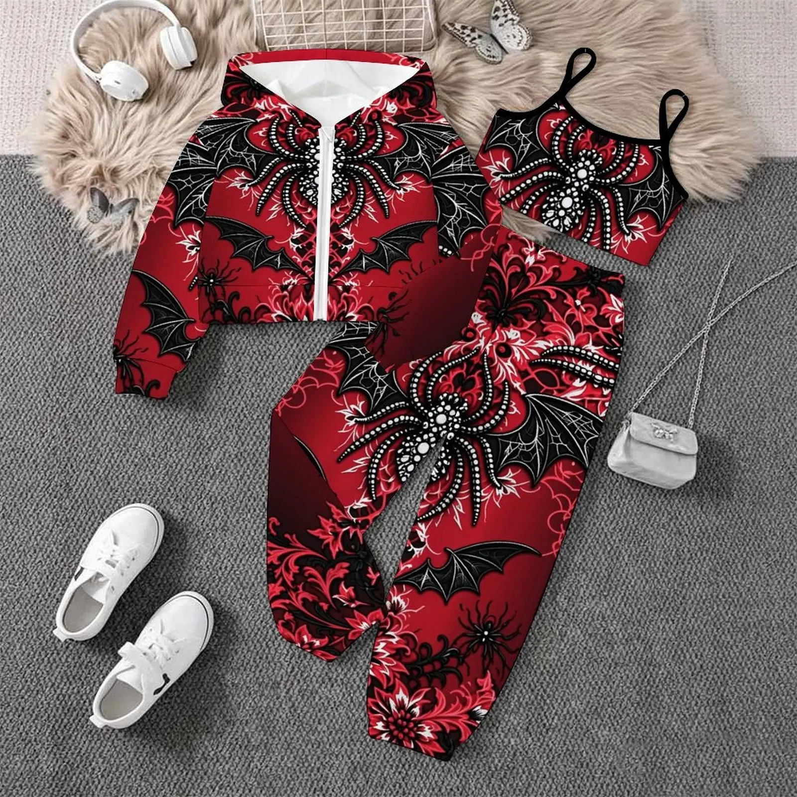 Autumn Winter Girls' Printed Three Piece Fashion Coat All Hallows' Day Vest Daily Pants Children's Jogging Pants Casual Pants