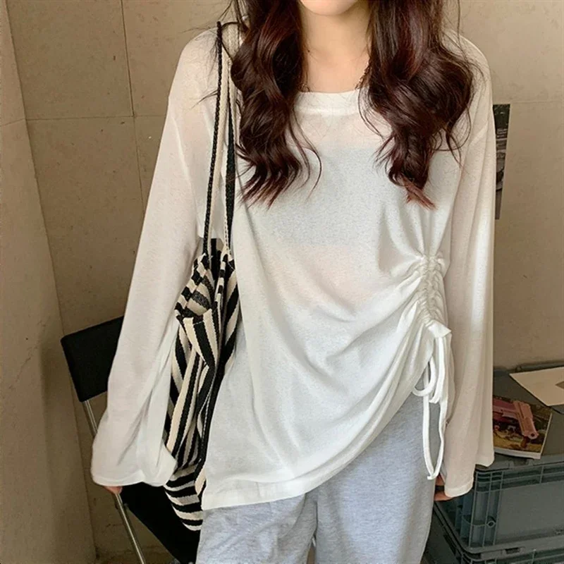 

2025Summer fashion round neck ice silk sunscreen drawstring women T shirts loose tops Woman slightly transparent long sleeve