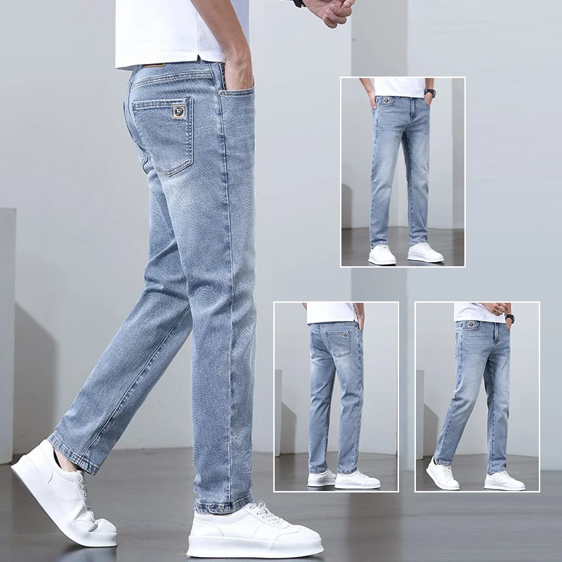 Celana Panjang Biru Giok Putih Sedikit Melar Jeans Pria Nyaman Terlihat Lebih Tinggi Celana Denim Trendi Muda Tipis Lurus Longgar Pria