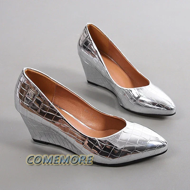 Spring Autumn High Heels Shoes Woman Silver Patent Leather Pumps Wedges Ladies Office Dress Evening Party Pointed Toe Large Size