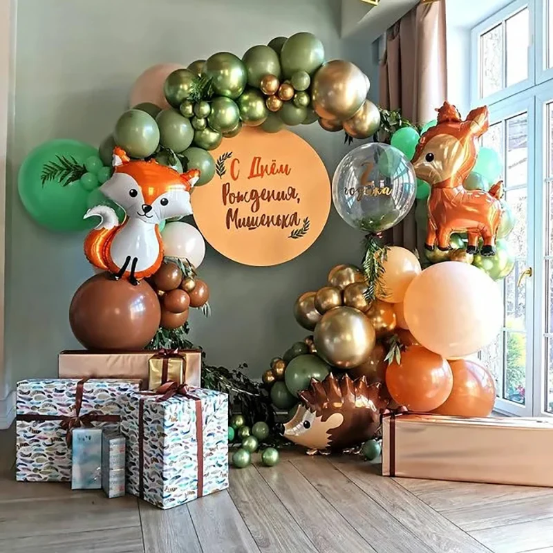 121pcs Retro Green Brown Jungle Balloon Garland Arch Kit Deer Fox Foil Balls Transparent Bobo Kids Birthday Safari Party Decoras