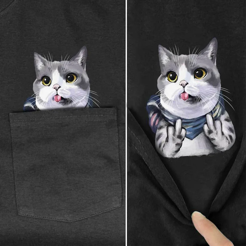 Animal T-Shirt Fashion Hip Hop Tops Brand Summer Pocket Cat Stickers Printed Men's Women Shirts Funny Cotton Tees