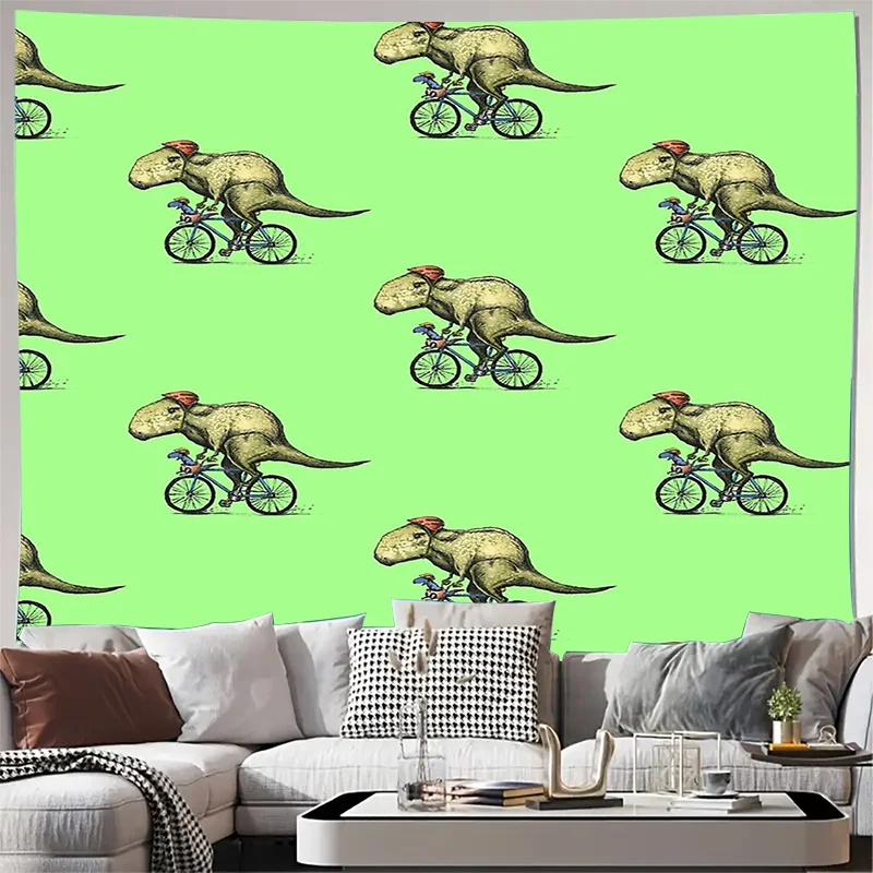 

Винтажный гобелен с динозавром на велосипеде, настенный подвесной лес, горный пейзаж, домашний декор, фон для комнаты в стиле бохо, ретро, велосипедное животное