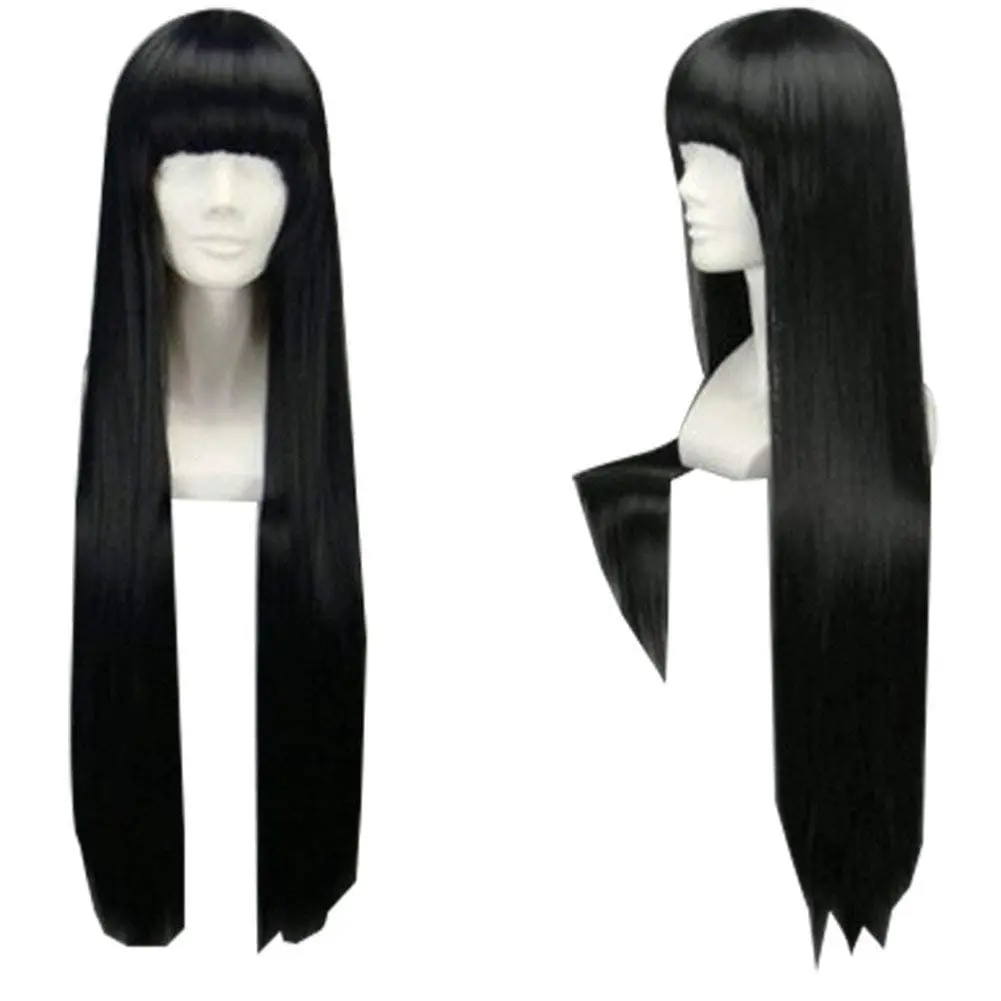 80cm Long Straight Cosplay Wigs For Women Men Synthetic Hair Costume Wigs Black Flat bangs Party Anime