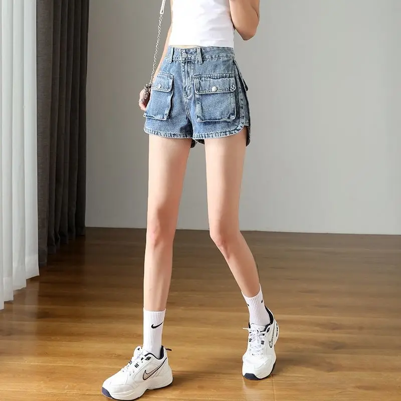 Denim Hot Pants for Women's Summer Fashion Slimming Workwear Pocket High Waisted Wide Leg Korean Loose Short Pants