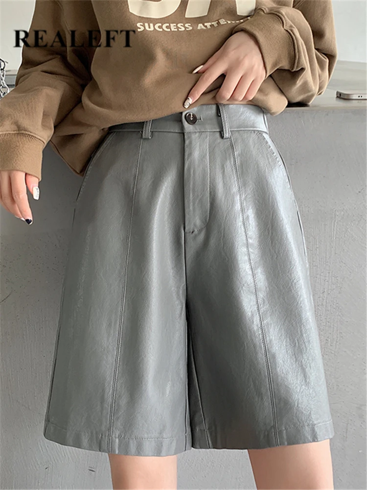 

REALEFT Autumn Winter Street PU Faux Leather Women's Half Pants High Waist Wide Leg Pants Vintage Loose Trousers Female 2022 New