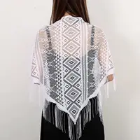 Fashion Lace Embrodiery  Tassel Triangle Scarf Women Headscarf Female Eid Summer Shawls Scarves Long Veil Floral Scarf Turban 2