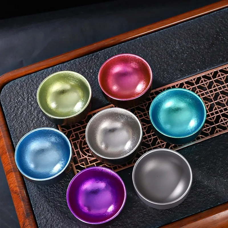 Outdoor Pure Titanium Double-layer Small Teacup Ice Flower Titanium Wine Cup Color Titanium Tea Set Master Cup Water Cup 45ml