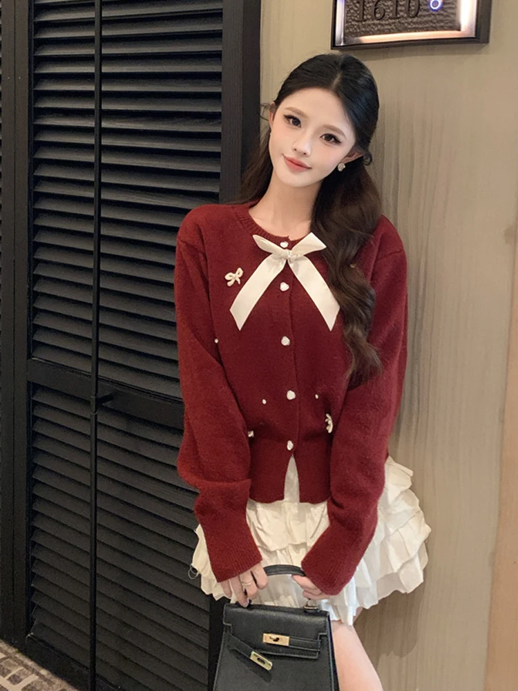 Свитер Cisas с красным узлом, вязаный длинный све, круглый кардиган Ne, милый топ Pure Desire Personali Cisas Theme Top