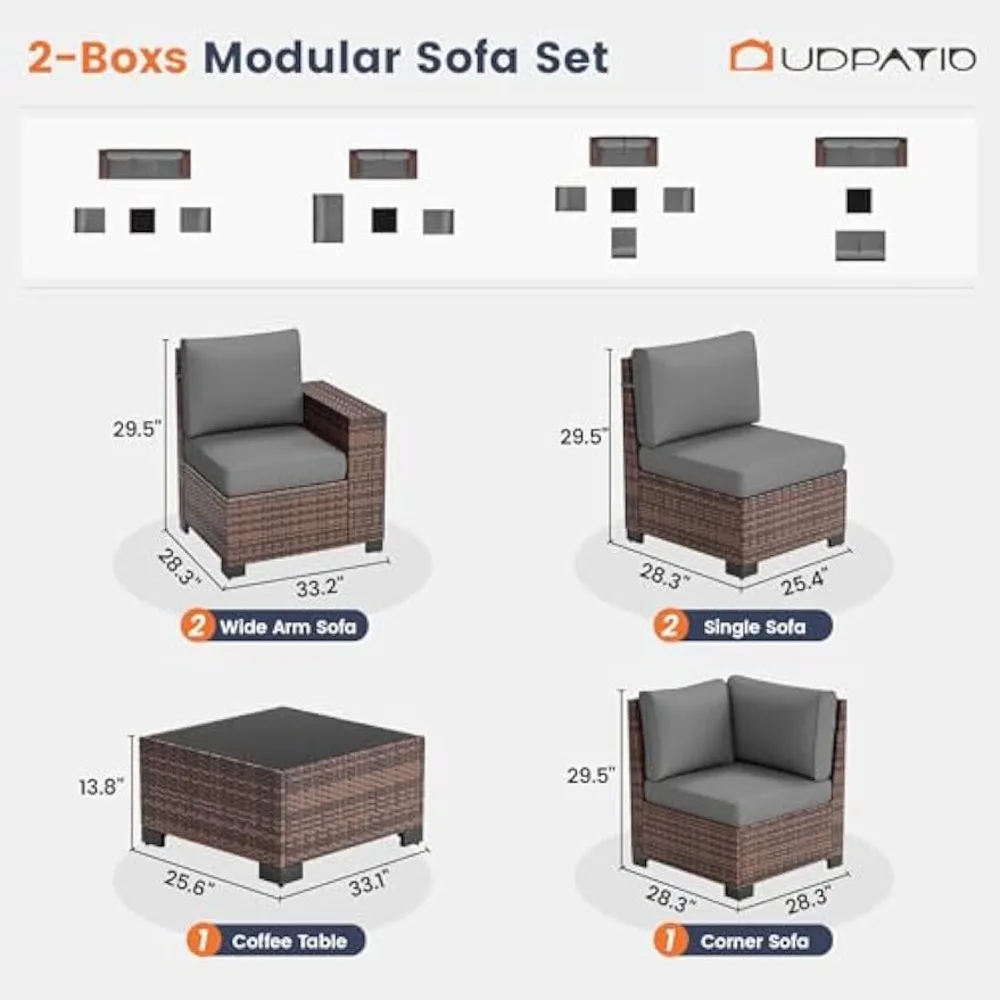 Conjunto de sofá secional externo com apoio de braço de 8 polegadas, móveis de conversa de vime de 6 peças para pátio