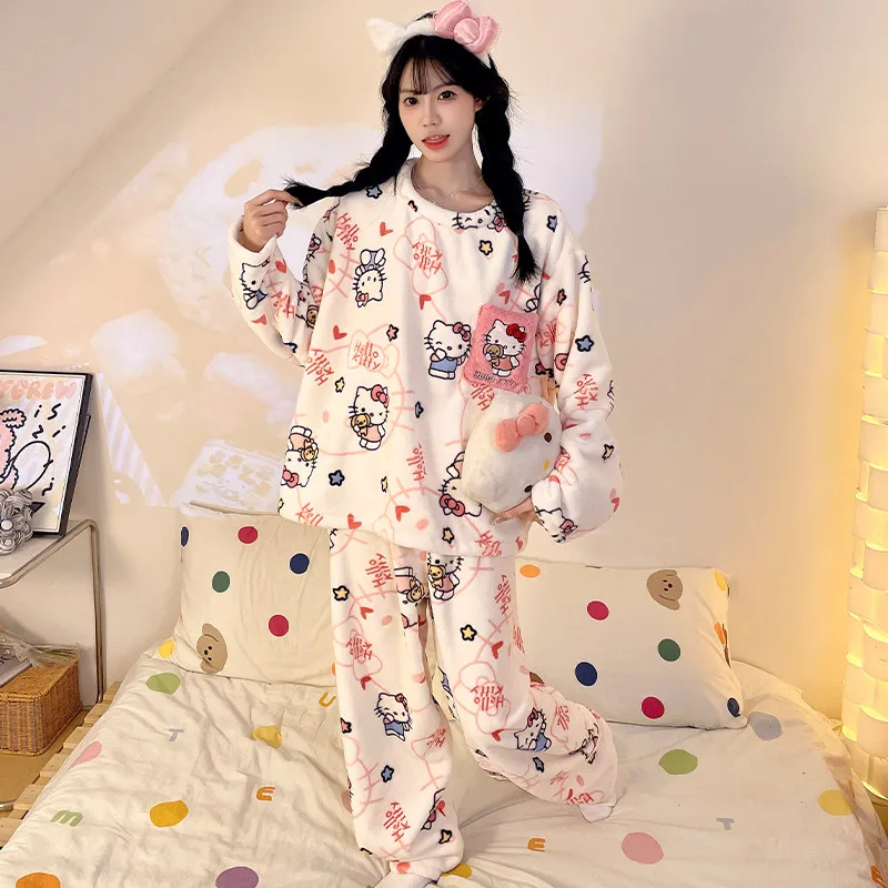 

2026 New Flannel Pajamas Women's Winter Warm Home Clothes Cute Cartoon Hello Kitty Coral Velvet Set