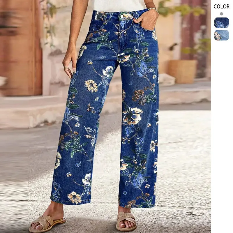 

2026 Spring Summer Floral Pattern Straight High Waist Jeans Vintage Random Print Loose Wide Leg Jeans
