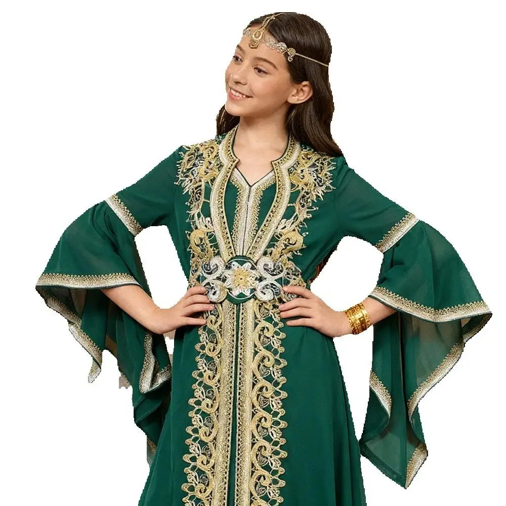 Elegante abito in chiffon arabo Dubai per ragazze manica svasata abito da festival saudita Abaya musulmano Marocco caftano Eid Djellaba Jalabiya