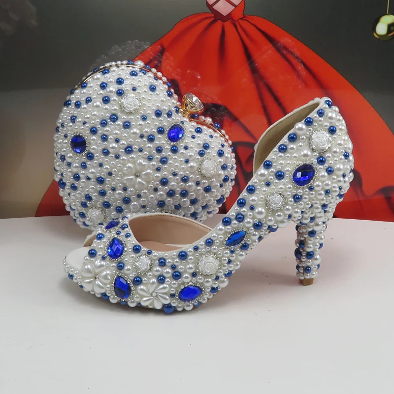 BaoYaFang Scarpe da sposa bianche da sposa Scarpe e borsa con perle di colore misto Scarpe da festa vuote laterali da donna Tacchi alti alla moda