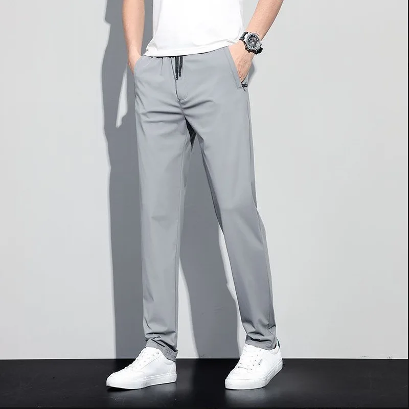 High end ice silk pants, men's elastic casual pants, men's elastic waist, loose and sporty quick drying thin straight leg pants