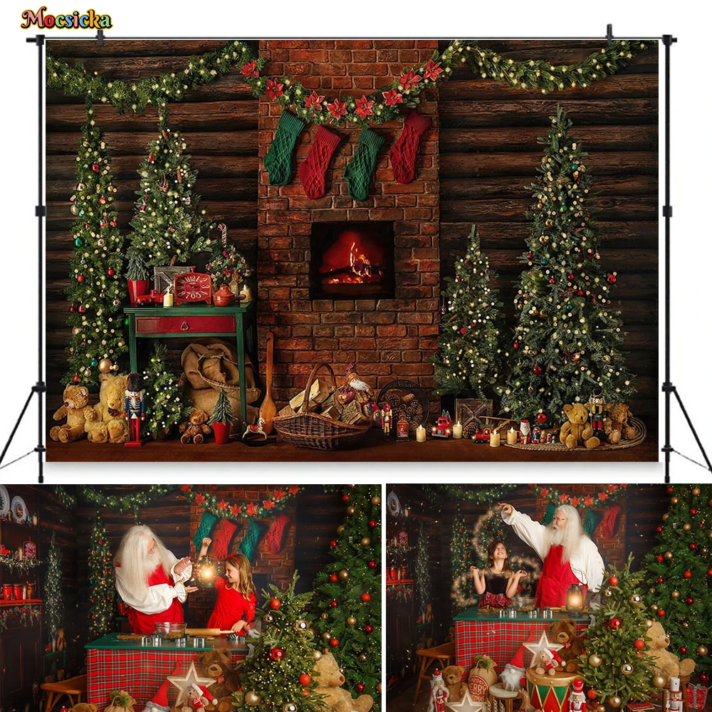 

Christmas Fireplace Kitchen Photography Background Glitter Xmas Tree Toy Bear Gift Wooden Backdrop Booth Winter Kid Family Photo