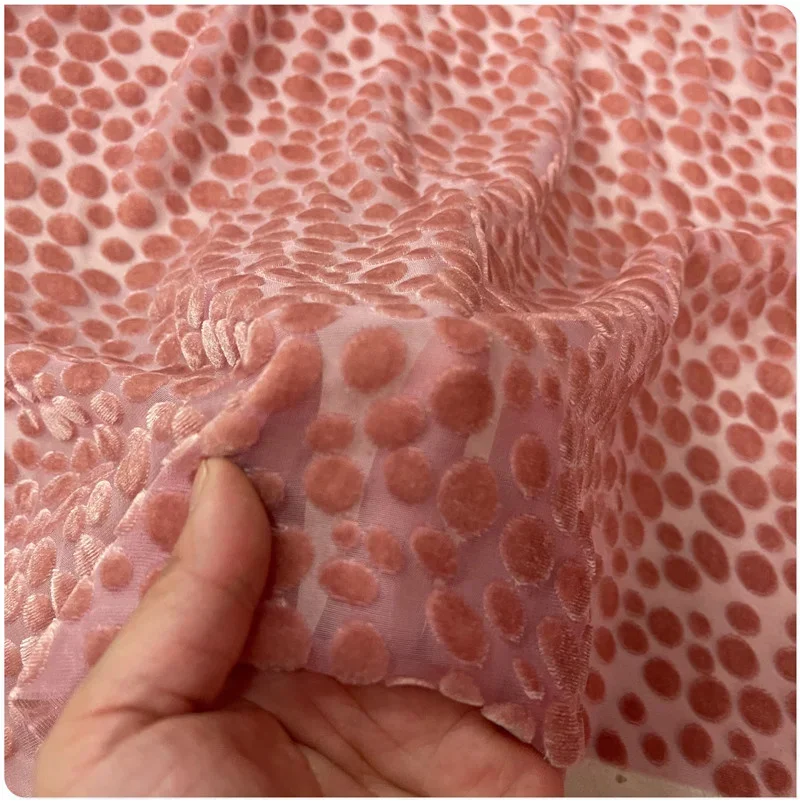 Hollowed Out Powder Dot Pure Silk Velvet Mulberry Bottom Cotton Fabric Dress Cheongsam Shirt Short Sleeve Shawl Clothing