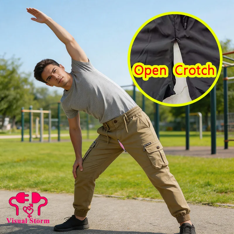 Men Open Crotch Cargo Jogger Pants Hidden Zipper Multi Color Crotchless Long Trousers Cotton Elastic Cuffed Work Trousers Couple