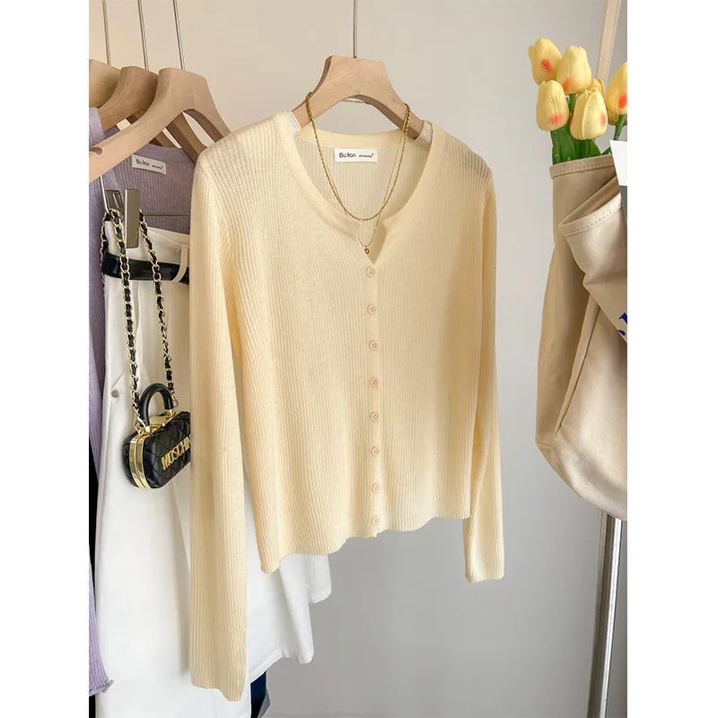 

Women Thin Korean Cardigan 2025 Spring Lightweight Button Down Knit Cover Up Cropped Top