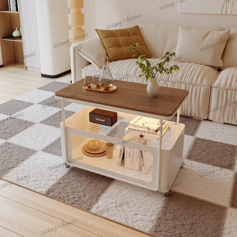 LJY Furniture Home Living Room Rock Board LED Light Mobile Side Tables Few Light Luxury Cream Wind End Side Cabinet Coffee Table