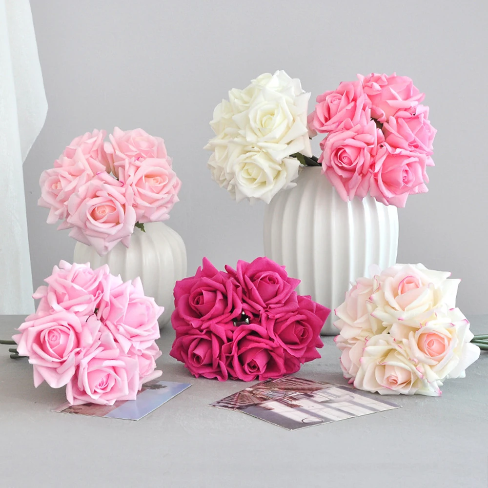 Bouquet de 5 roses bouclées avec sensation d'humidité artificielle, fleurs en soie haut de gamme pour la décoration de la maison et les mariages