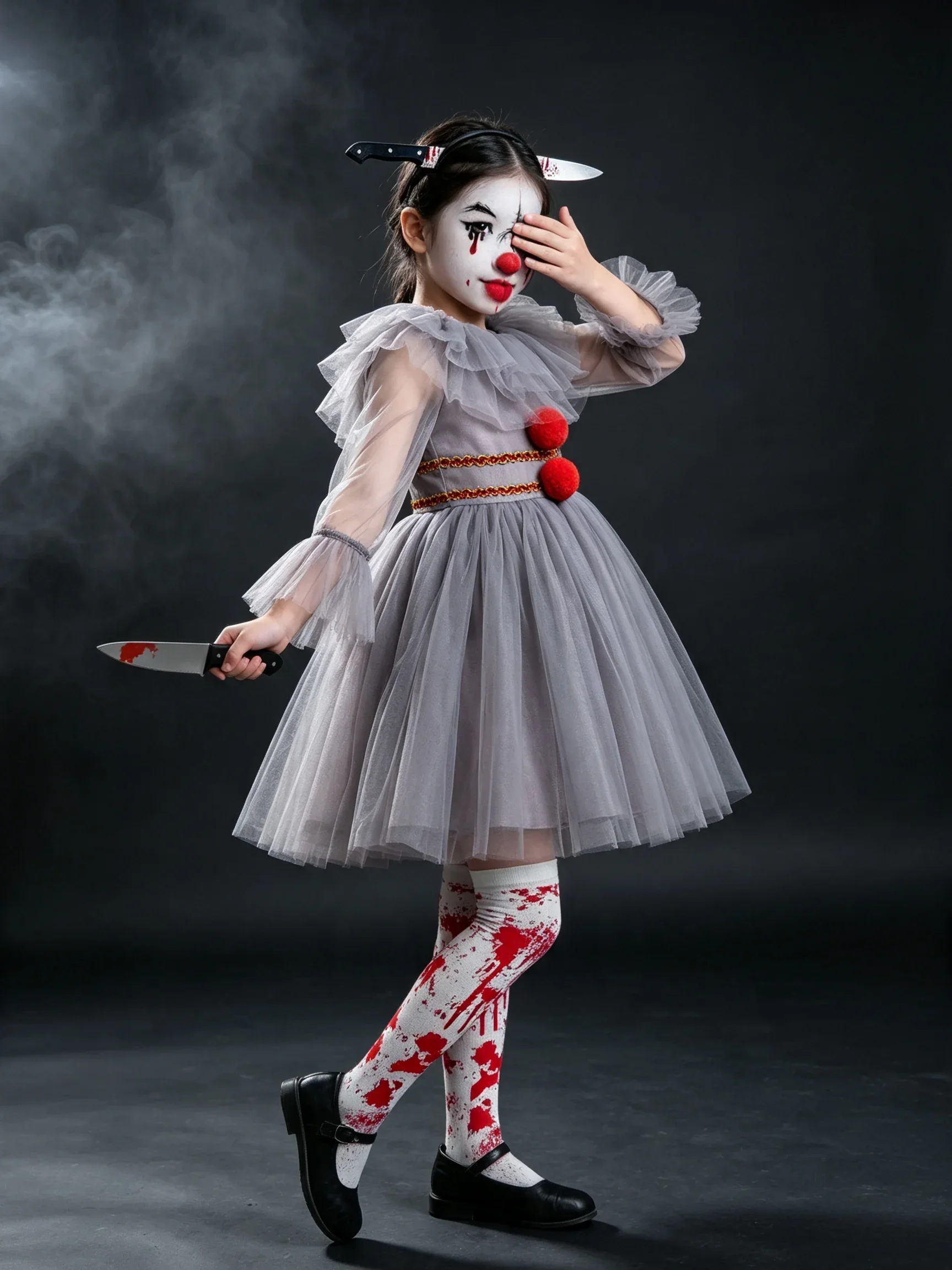 Mädchen Tutu-Kleid Halloween Cosplay Kostüm Grauer Joker Mädchen Gruseliger Clown Kostüm Karneval Party Verkleidung – Detail 5