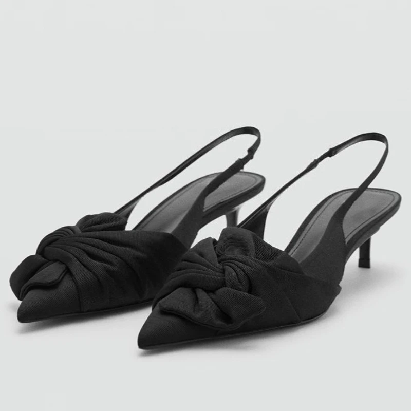 

Luxury Kitten Heel Designer Women Pumps Satin Pleated Bow Design Heeled Sandals Ladies Sexy Pointed Elegant Backless Dress Shoes