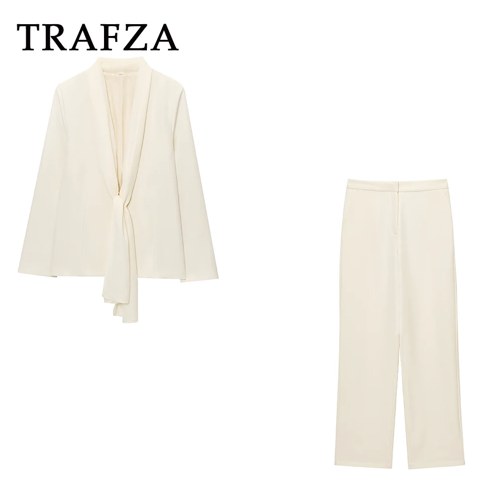 

TRAFZA Chic Woman Beige Fashion 2025 Summer Solid Suit Turndown Collar Lace-up Shirt+Waist Wide Leg Long Pants Casual Female Set