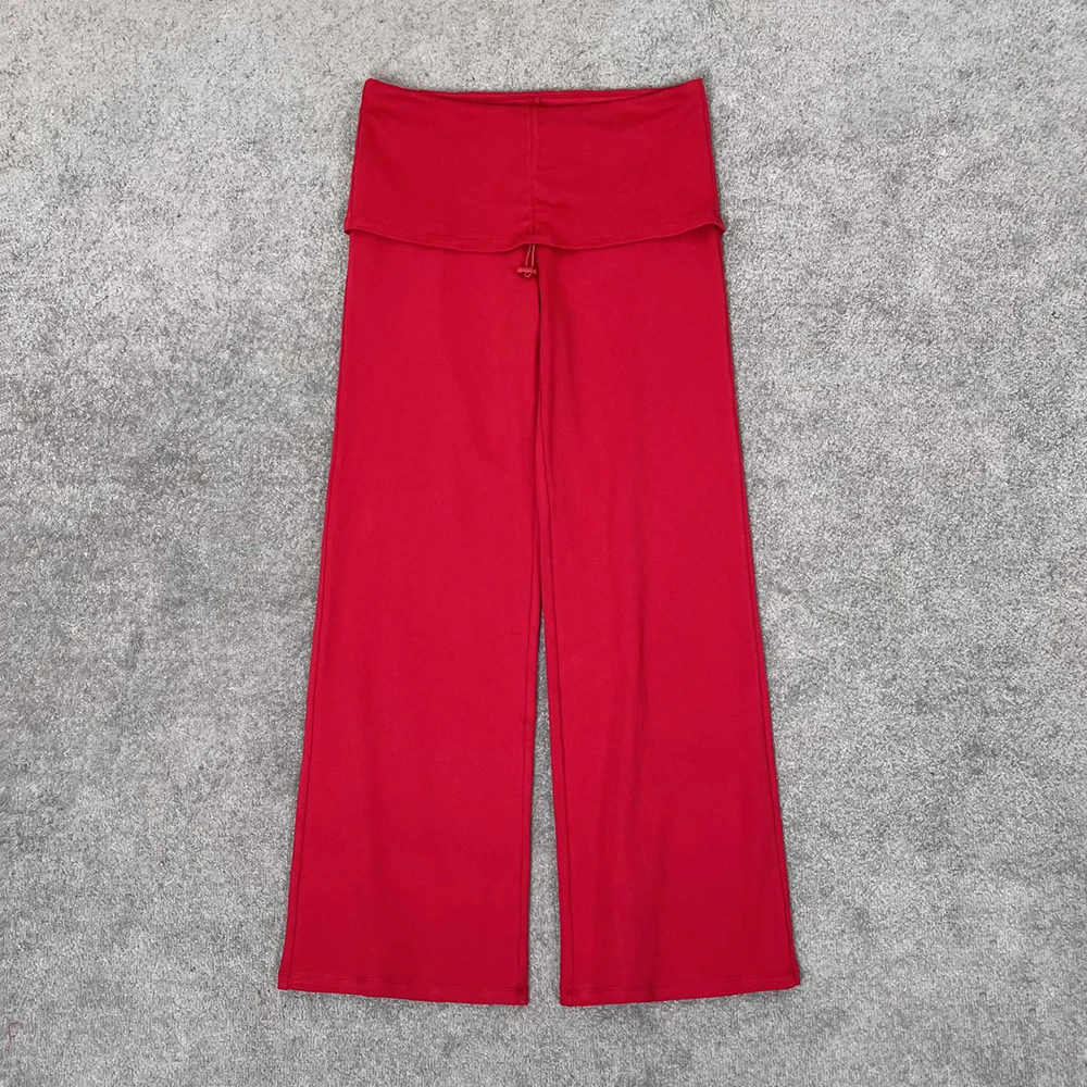 

Женские брюки из смеси хлопка Y2K с откидной талией и завязками, простые элегантные прямые брюки для пригородных поездок, новинка 2024, ранняя осень