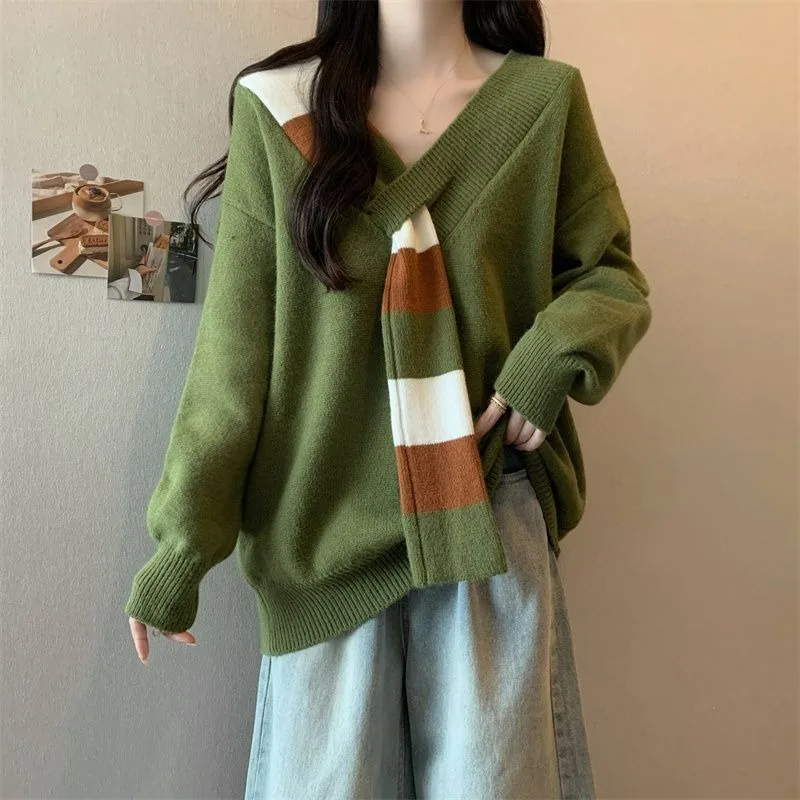 

Korean Lazy Style Striped Splicing V-neck Women's 2024 Autumn New Loose Knitted Long Sleeve Sweater Pullover Chic Top
