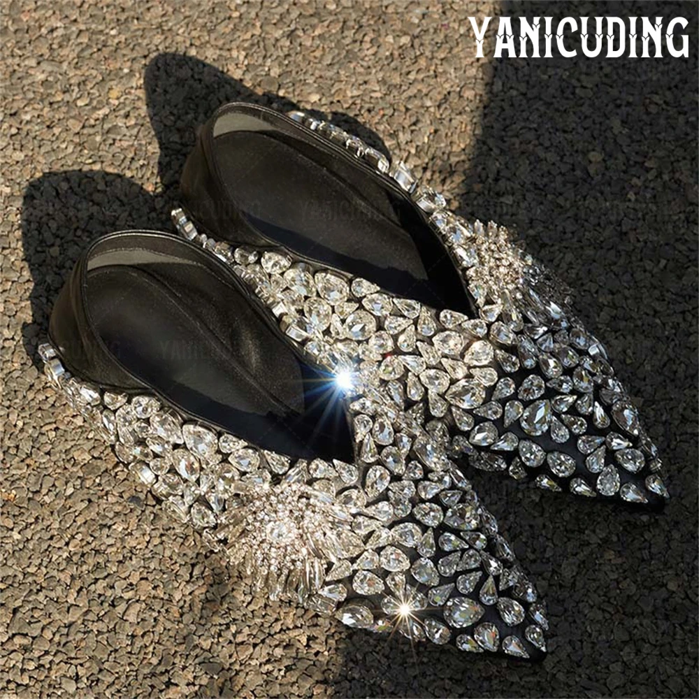 Strass-Quasten-Flats, schwarzes Leder, spitze Zehenschuhe, Luxus-Schuhe im Designer-Stil, zum Hineinschlüpfen, glänzende Flats aus weichem Leder für Damen