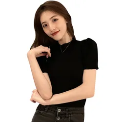 Women's Korean Knitted T-shirt Half High Neck Slim Fit Short T-shirt