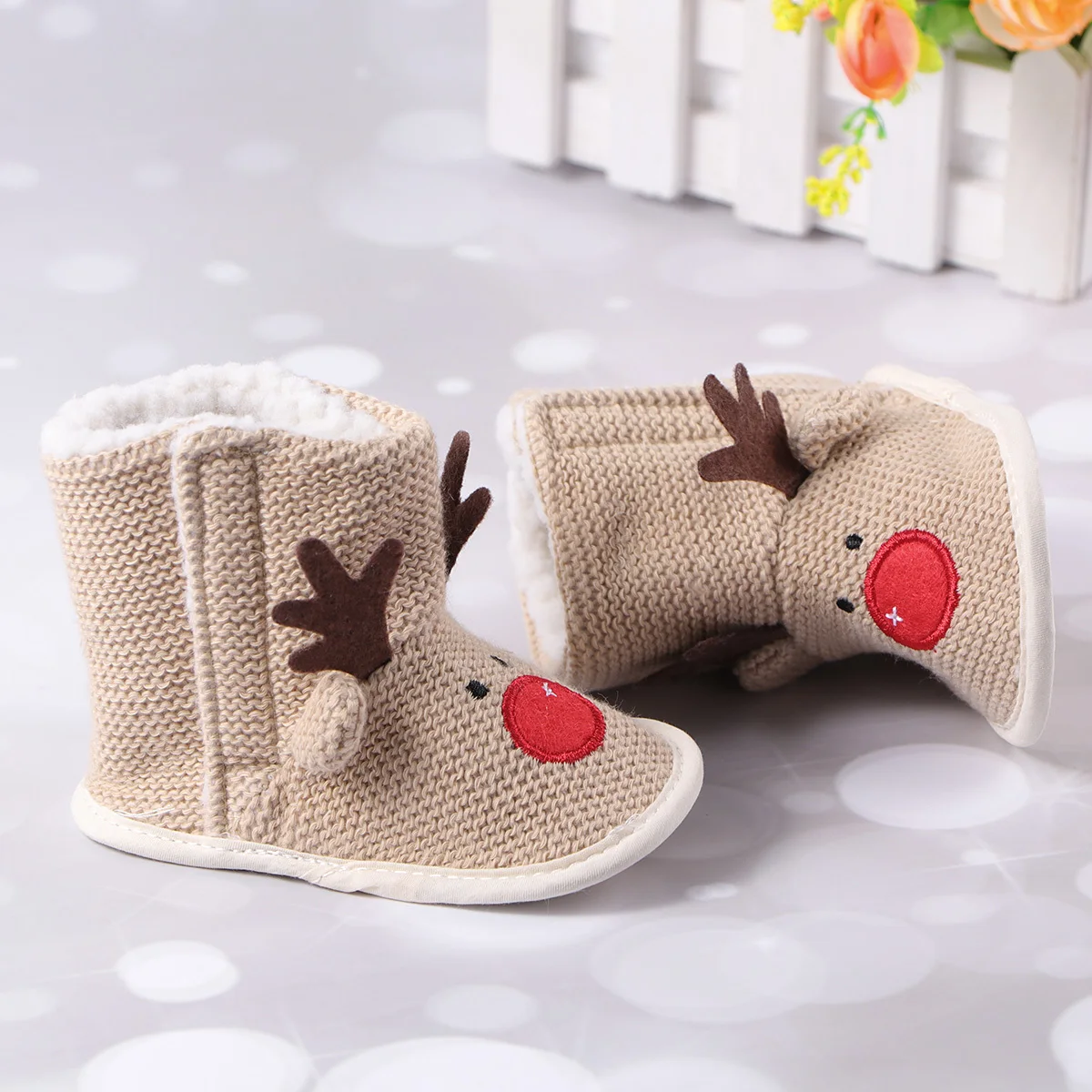 

Baby Christmas Elk Pattern Cotton Shoes Warm Beige Soft Non-Slip Winter Infant Boots 0-12 Months Baby's Christmas Shoes