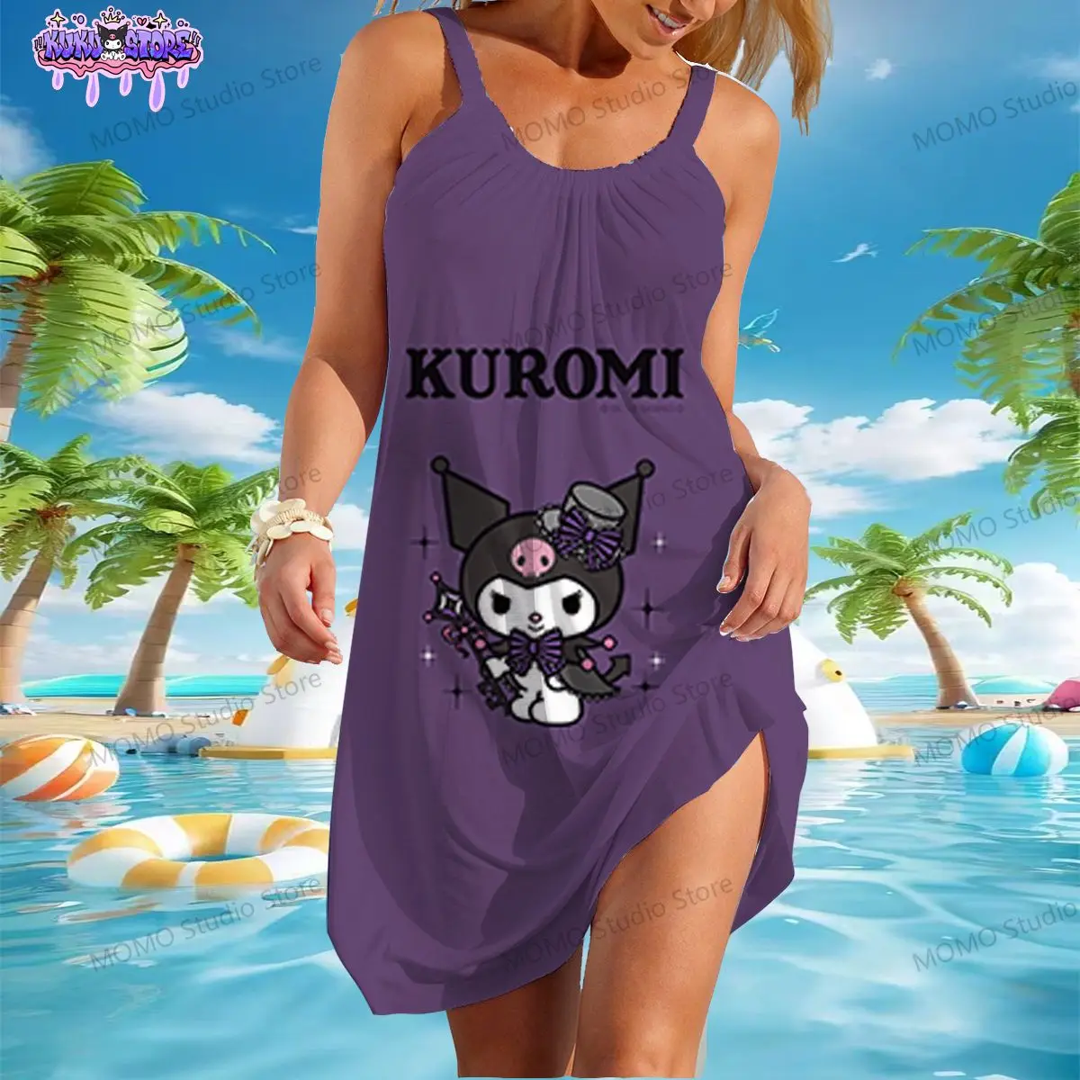 

Women's Beach Dresses Kawaii Kuromi Youthful Woman Clothes Y2k S-3XL 2024 Sanrio Boho New Dress Sling Summer One-piece Fashion