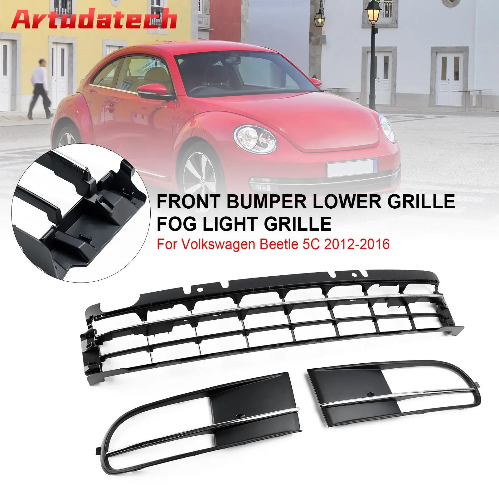 

Artudatech Front Bumper Lower Grille + Fog Light Grill Fit VW Beetle 2012 2013 2014 2015 2016 W/ Chrome