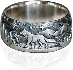 Engraved Wolf Ring for Men Women Norse Viking Wolf Ring Vintage Punk Biker Cocktail Party Wolf Head Ring Jewelry