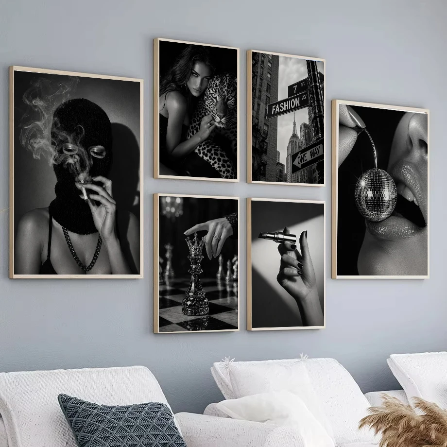 Girl Smoking New York Street Luxury Chess Disco Ball Fashion Photography Poster Canvas Painting Print Wall Picture Home Decor