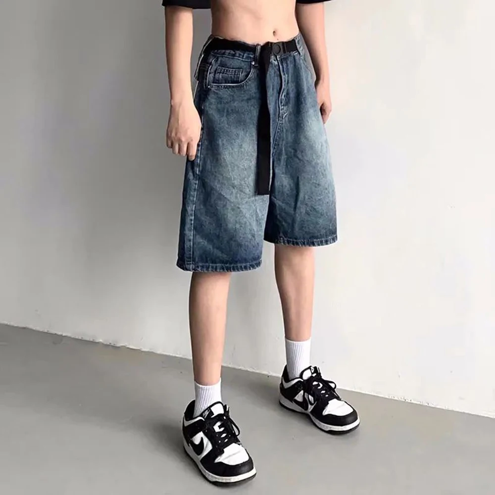 Mens Y2k Sports Casual Jeans 2024 Spring Summer New Genderless Fashion Loose Streetwear Solid Color short jeans with Belt Unisex