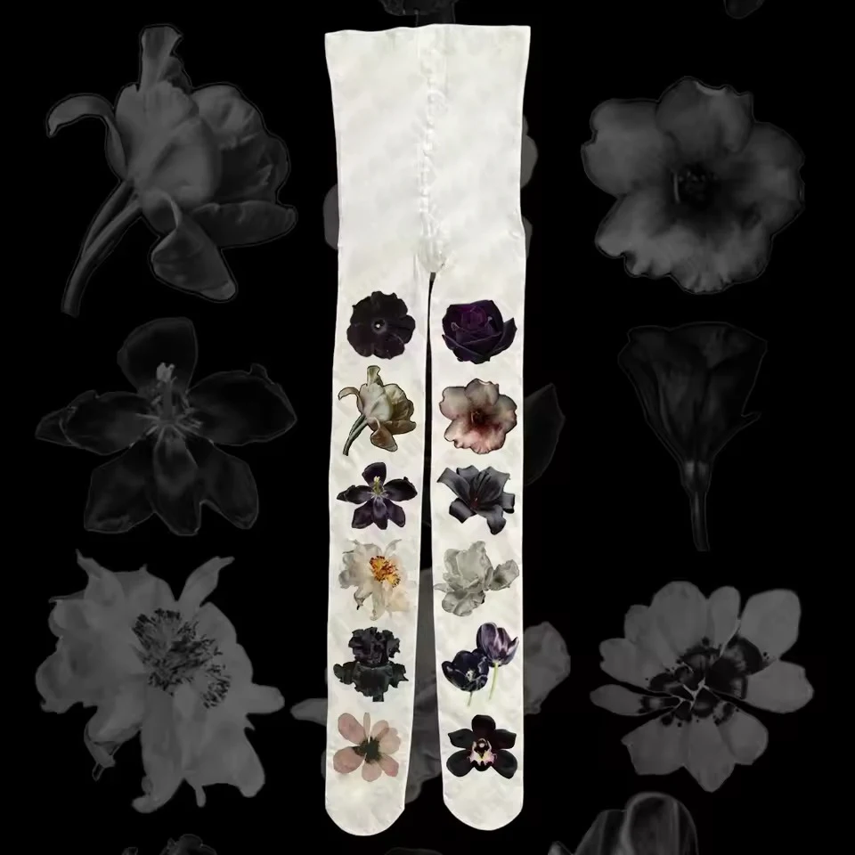 

Y2K style retro simple daily versatile flower dark series women's pantyhose stockings white base pantyhose