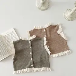 2024 Spring Autumn Baby Knitted Hollow Out Lace Vest Girl Infant Princess Sleeveless Tops Newborn Cotton Waistcoat Kid Costume